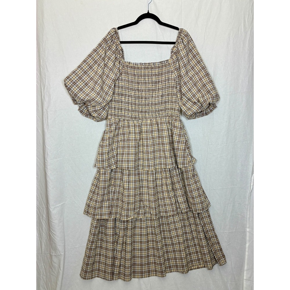 Calico Plaid Smocked Tiered Midi Dress Size 3XL Brown Puff Sleeve Cottage Prarie